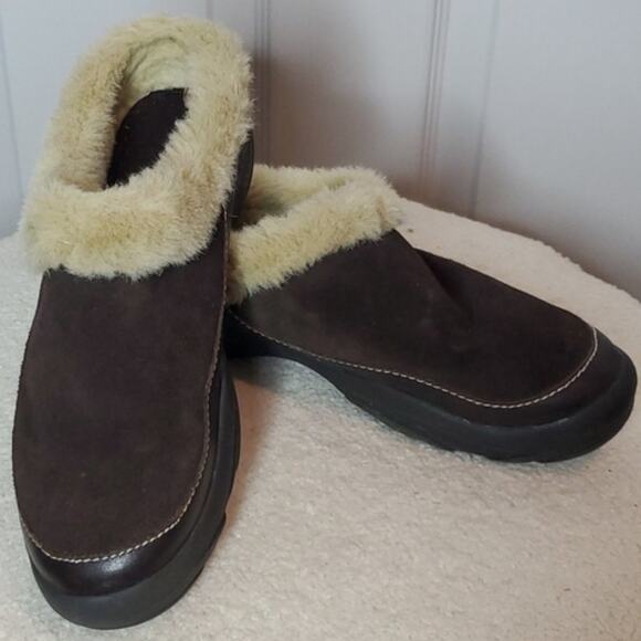 Entienne Aigner Fern Brown Suede Faux Fur Lined Mules Clogs Slippers SZ 8 - Picture 1 of 7